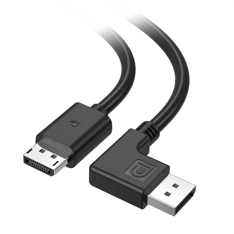 Cable Matters right-angle DisplayPort 1.4 cable keeps behind-monitor setup tidy.