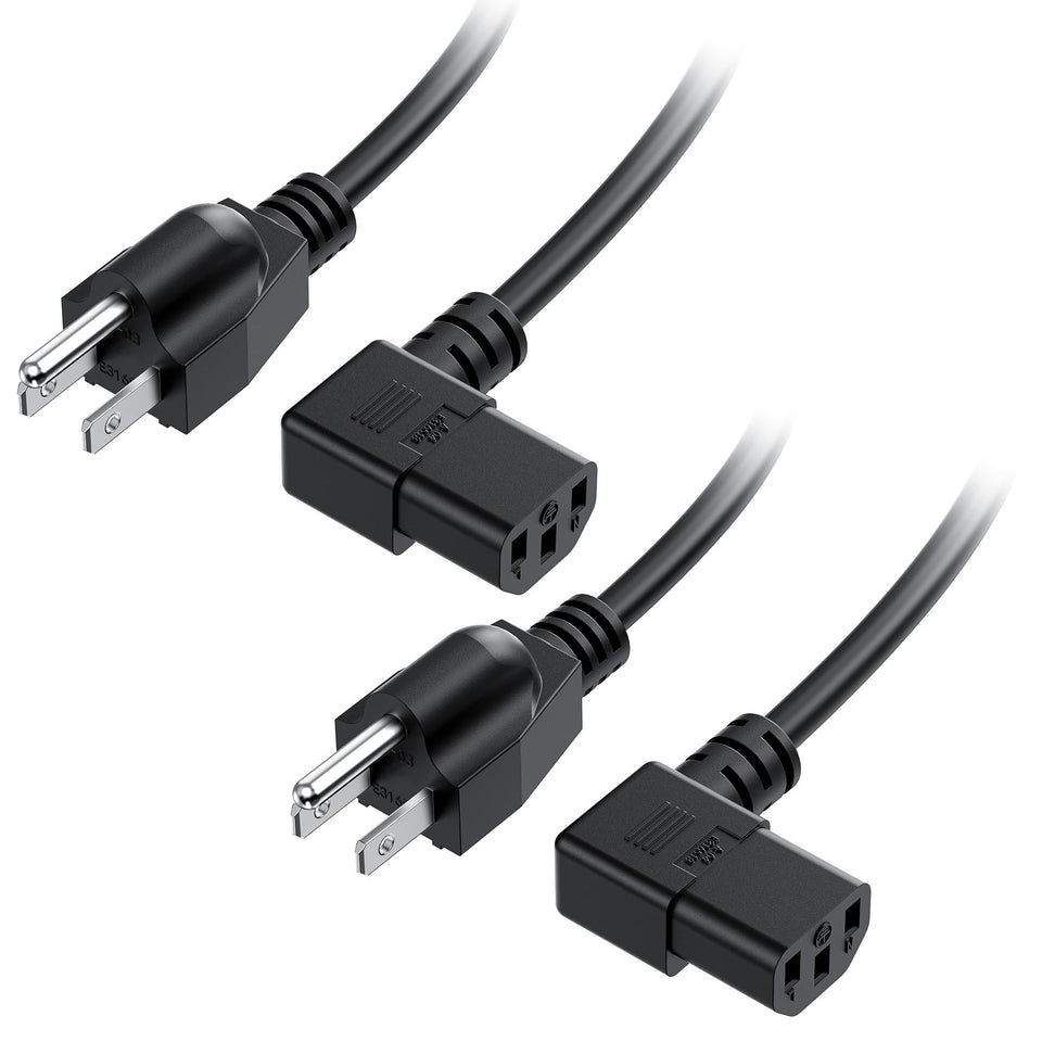 Cable Matters right-angle power cord with NEMA 5-15P to C13 for space-saving behind desks.