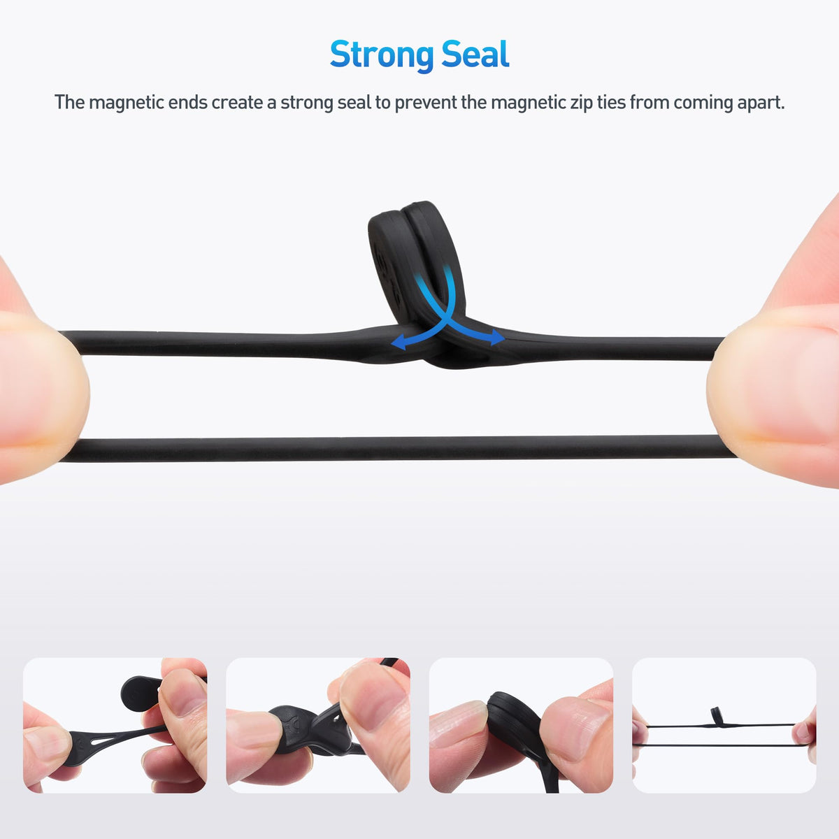 Close-up of Cable Matters silicone magnetic ties wrapped around desk cords