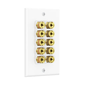 Cable Matters speaker wall plate with gold binding posts for five speakers, secure connections.