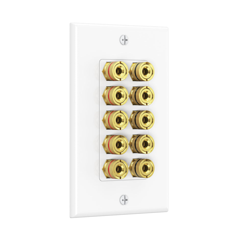 Cable Matters speaker wall plate with gold binding posts for five speakers, secure connections.