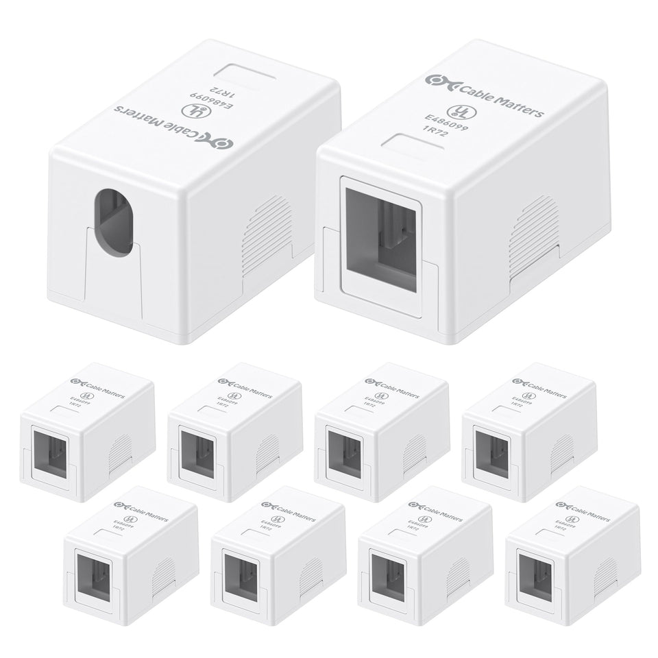 Cable Matters surface-mount keystone box in white mounted on a wall