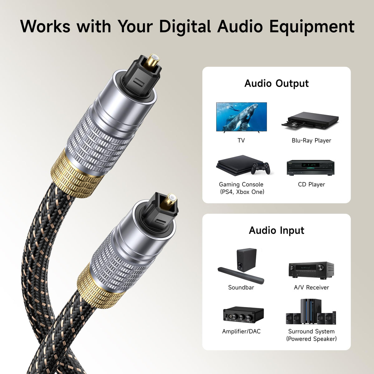 Cable Matters Toslink connector metal gold-plated close-up highlights secure, corrosion-resistant connection.