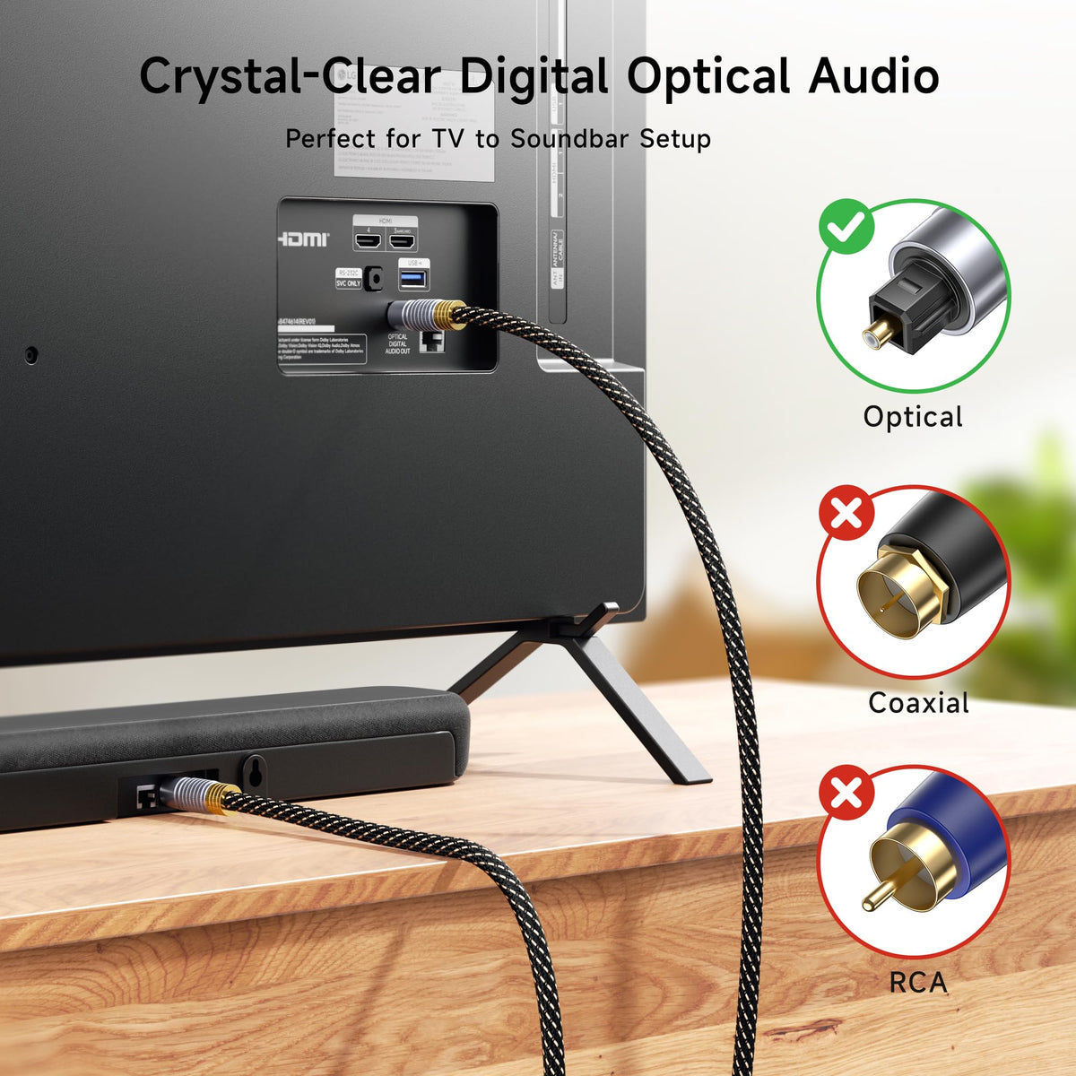 Cable Matters Toslink optical cable with gold-plated tips for secure soundbar connections