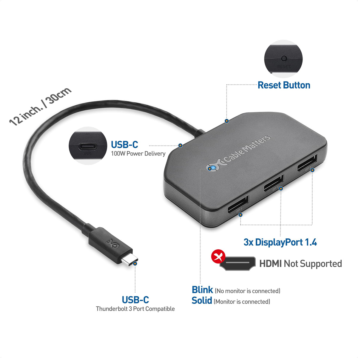 Cable Matters hub with three DisplayPort outputs for expansive productivity.
