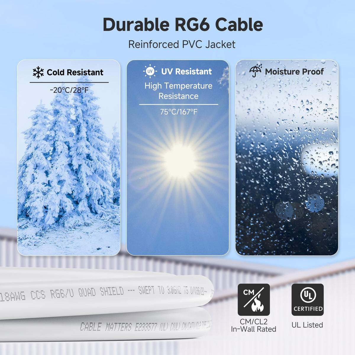 Cable Matters TV, DVR, and satellite connections use this 3ft RG6 coaxial cable.