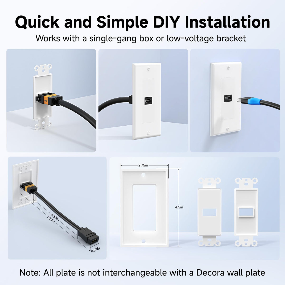 Cable Matters wall plate in-wall setup near TVs and projectors.