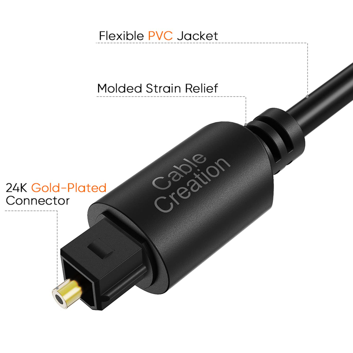 CableCreation Toslink cable shows flat connectors for snug home theater connections