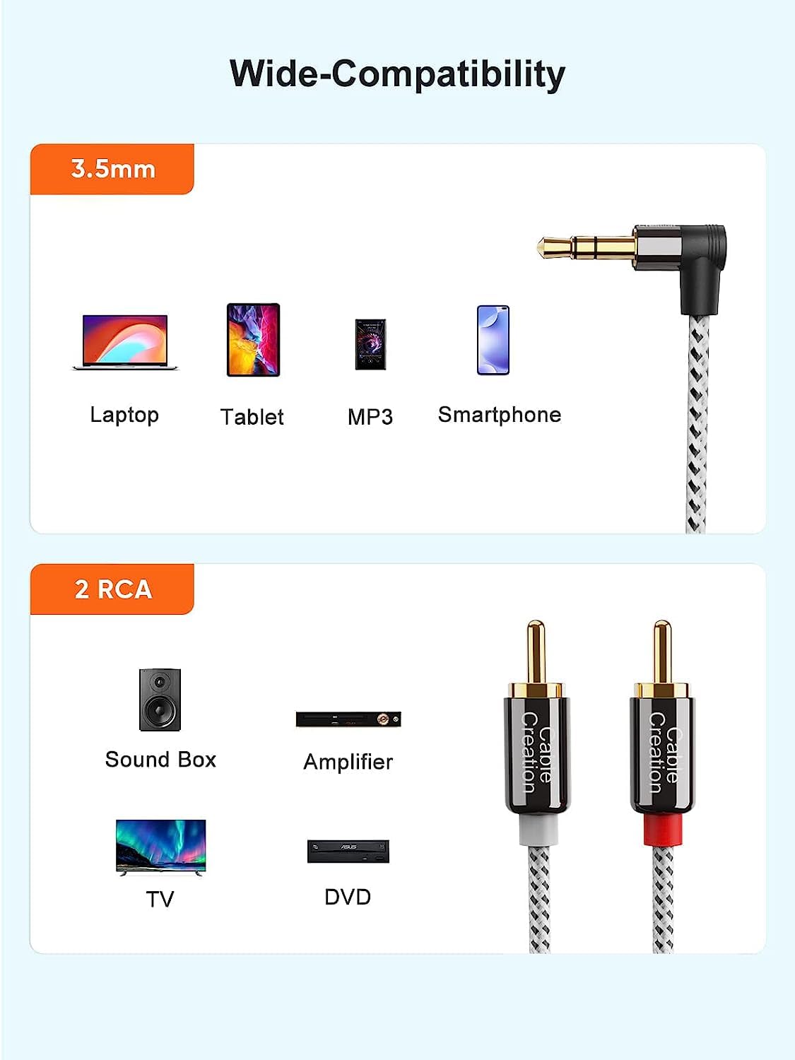 CableCreation 2RCA male to 3.5mm male connector bridge for audio