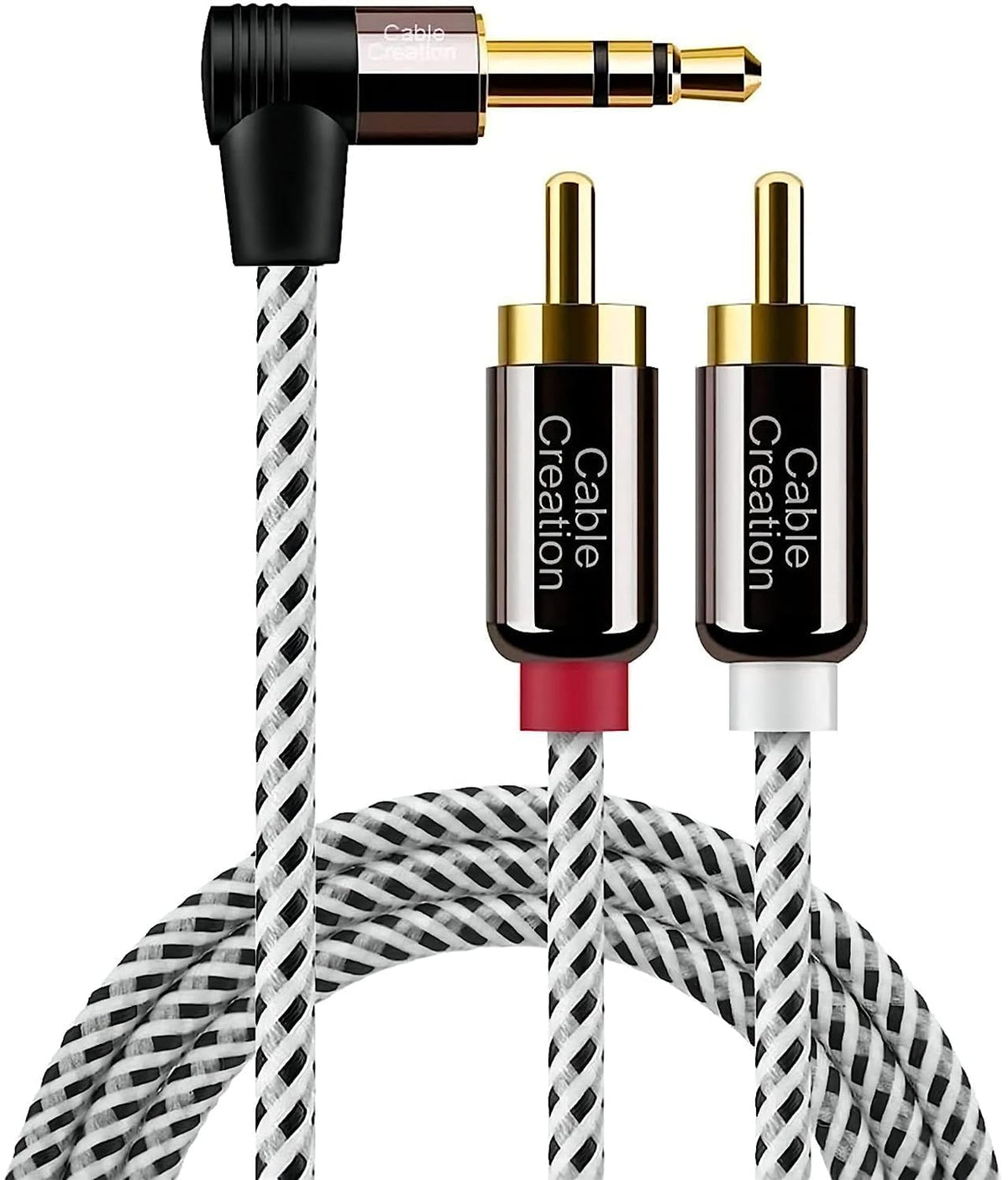 CableCreation 3.5mm to RCA angle connector showing space-saving design for tight setups.