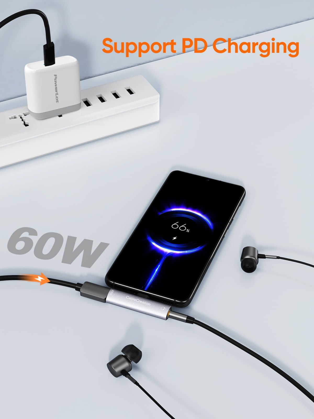 CableCreation USB-C to 3.5mm adapter in-use for simultaneous audio and power