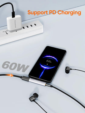 CableCreation USB-C to 3.5mm adapter in-use for simultaneous audio and power