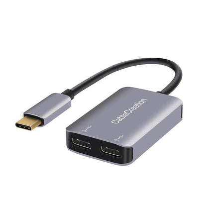 CableCreation front view of USB-C splitter showing two female ports and compact design, perfect for travel