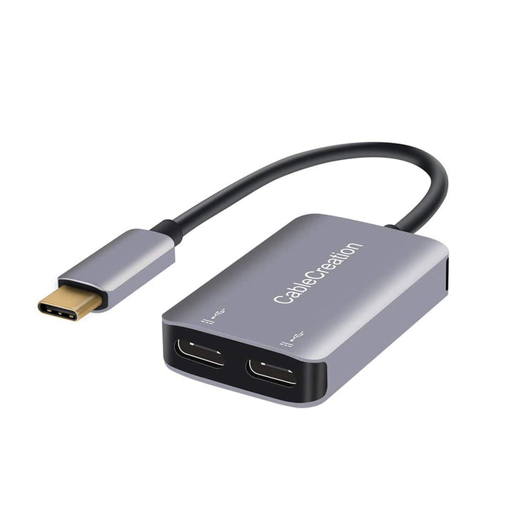 CableCreation front view of USB-C splitter showing two female ports and compact design, perfect for travel