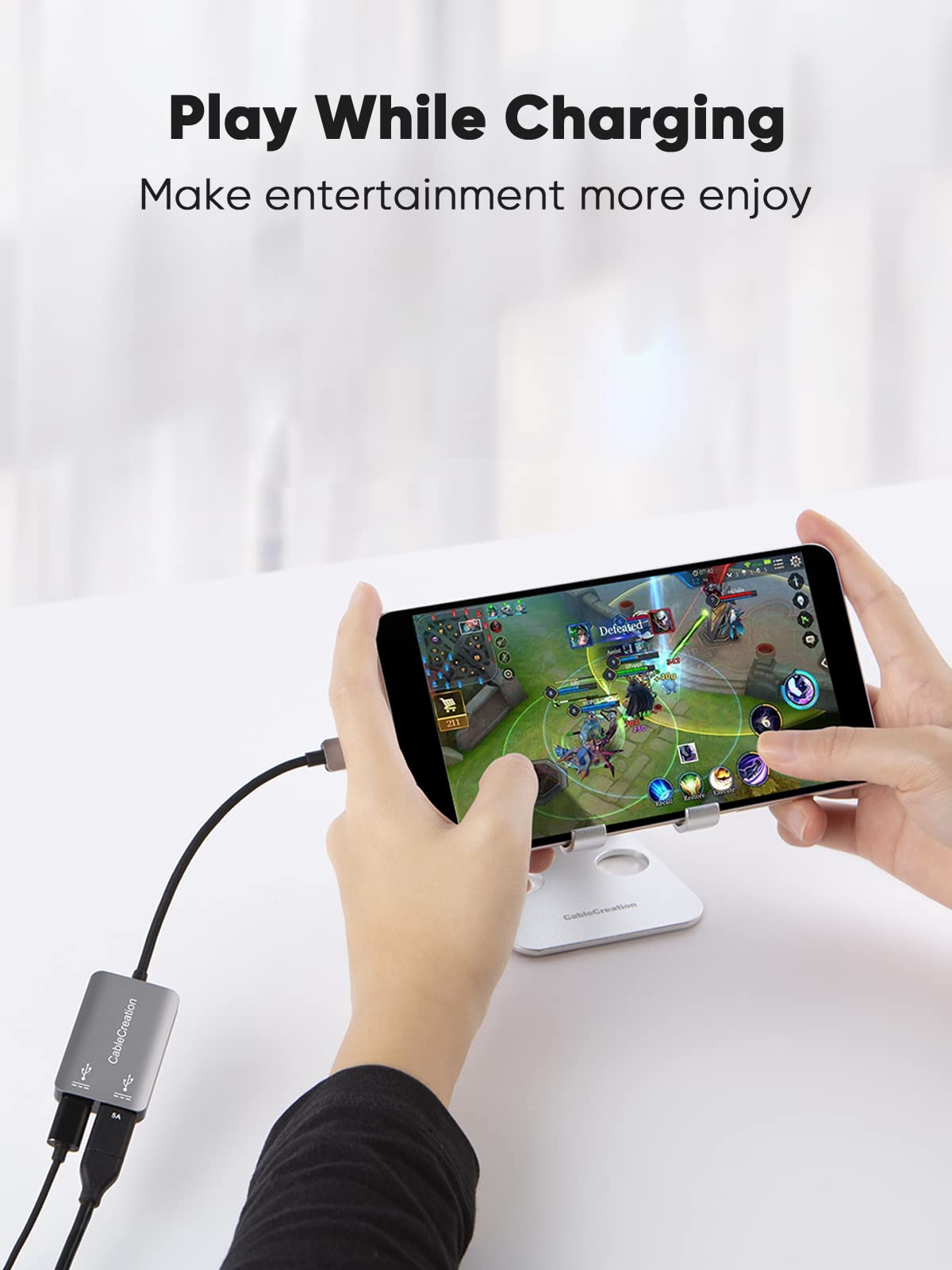 CableCreation adapter with USB-C wired headset connected illustrating hi-res audio playback on the go