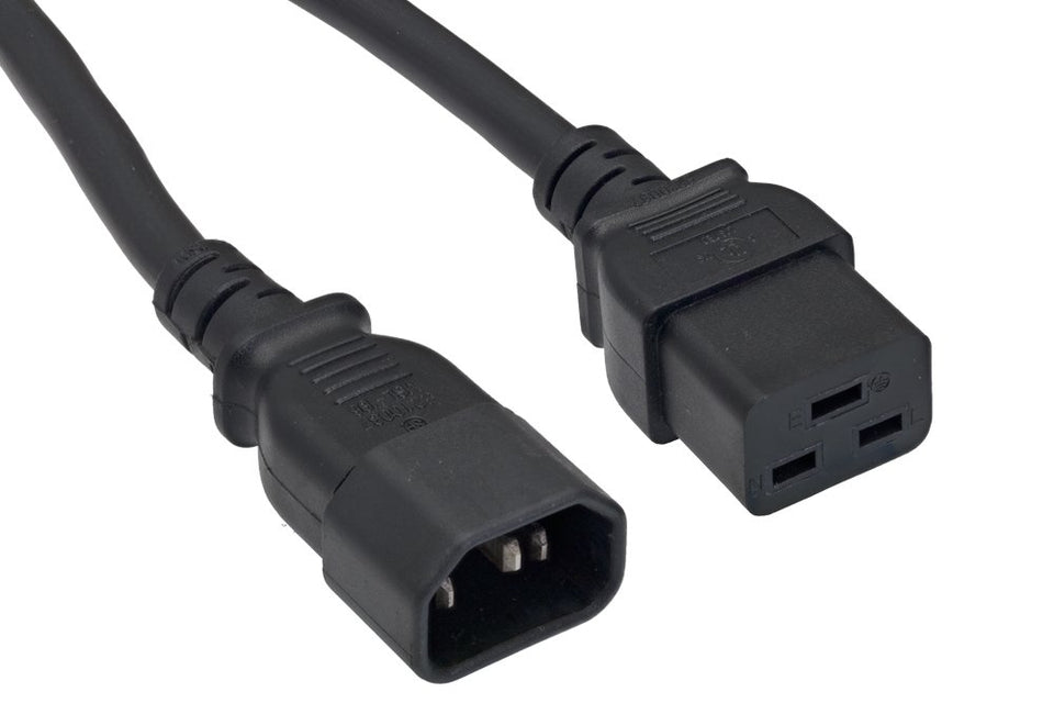 Cablelera front view showing C14 plug and C19 connector for secure rack power