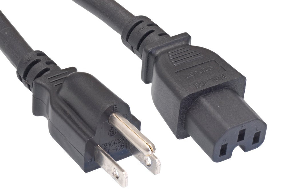 Cablelera front view of NEMA 5-15P to IEC C15 power cord showing plug and cable, reliable connection