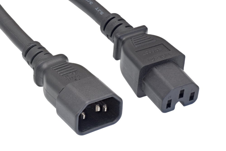 Cablelera front view showing C14 and C15 connectors and secure fit benefit