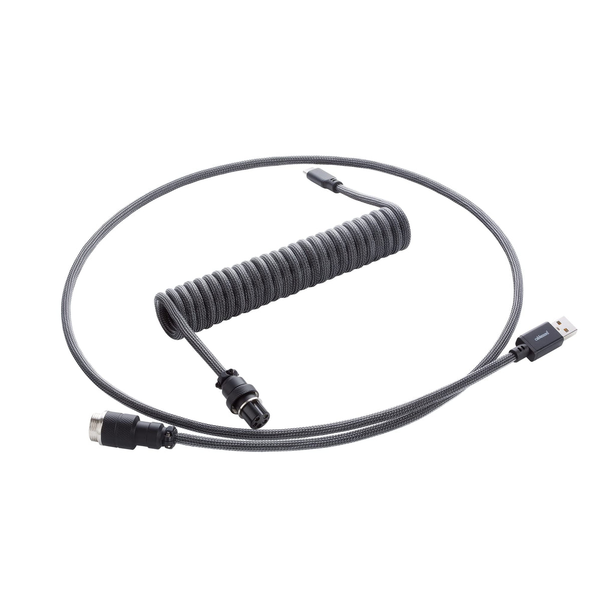 CableMod front view showing carbon grey cable and powder-coated connectors for sleek desk styling