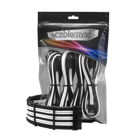 CableMod front view showing black and white 8+8 PCIe extensions and tidy pre-installed combs for clean display