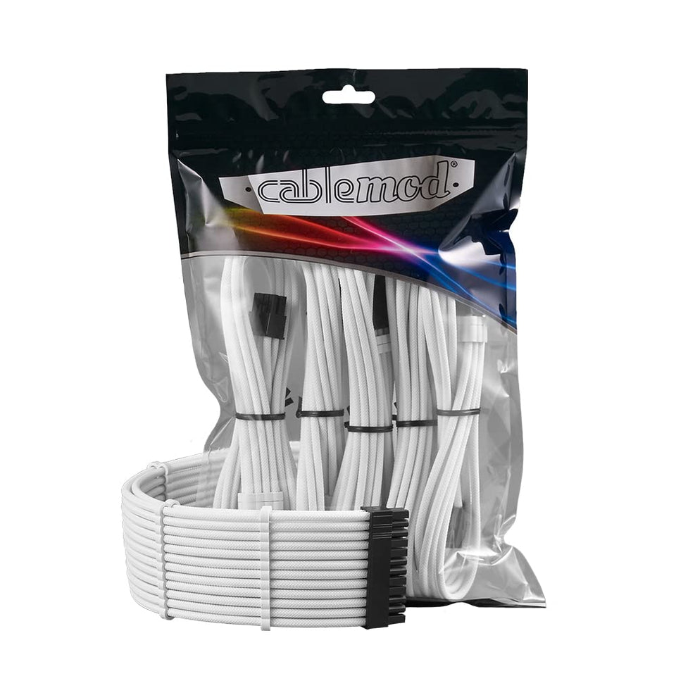CableMod front packaging showing white ModMesh and kit contents, polished finish benefit