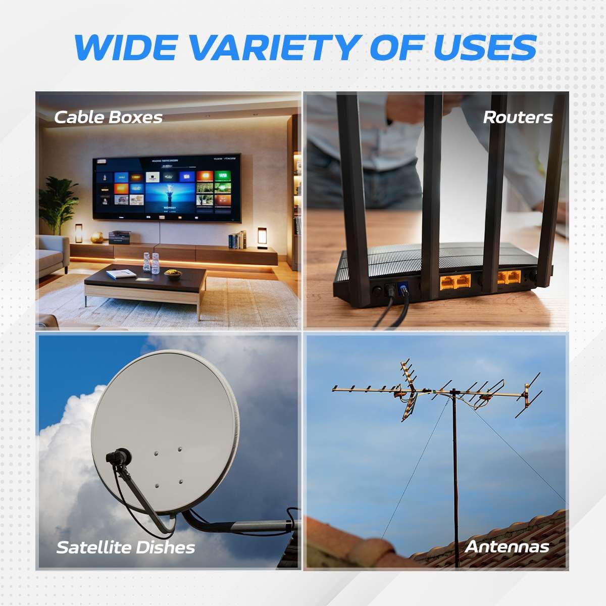 Cables Direct Online 3GHz RG6 coax for clear digital TV and modem connections.