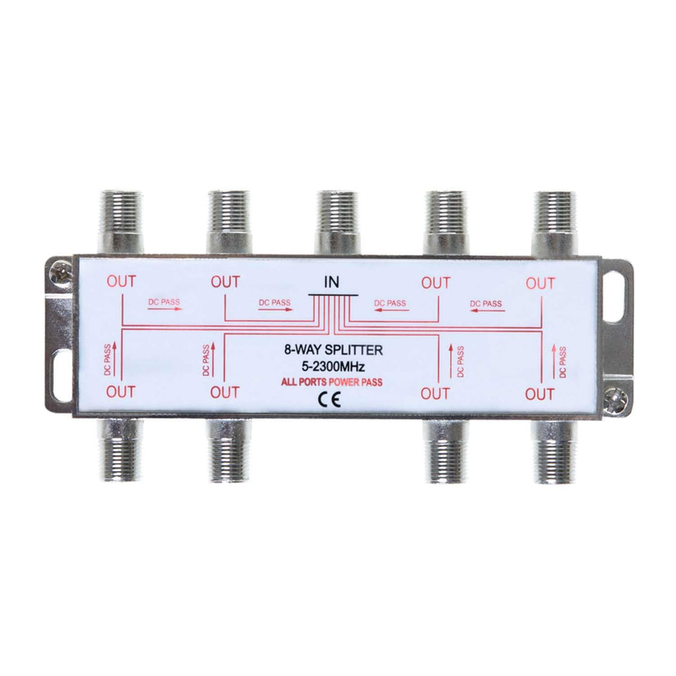 Cables Direct Online front view of 8-way splitter showing ports and durable housing for reliable distribution