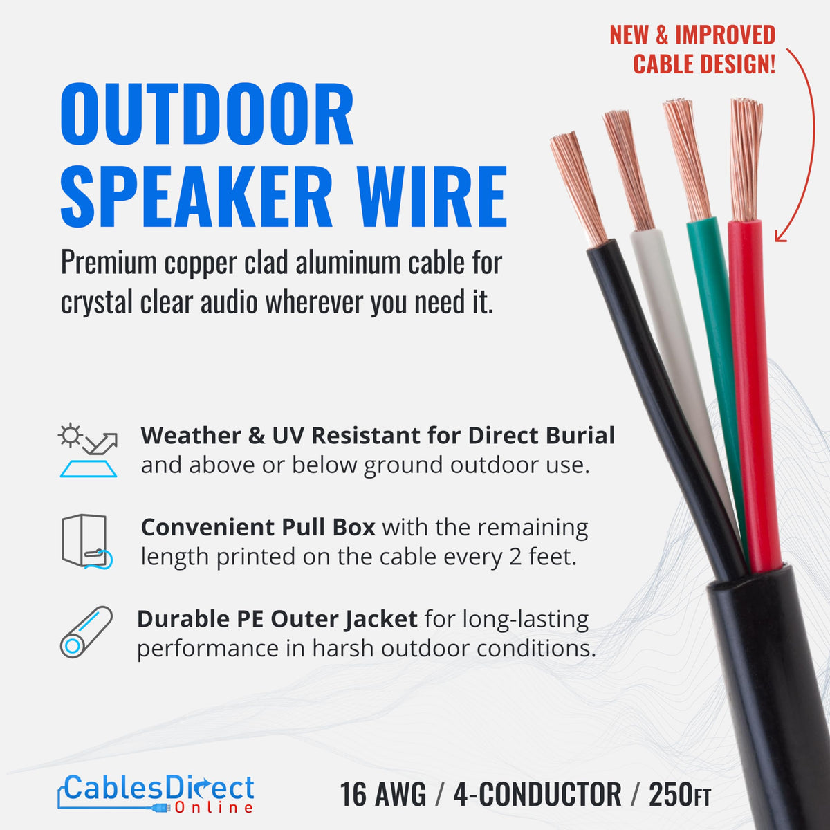 Cables Direct Online outdoor indoor speaker cable for direct burial and UV resistance.