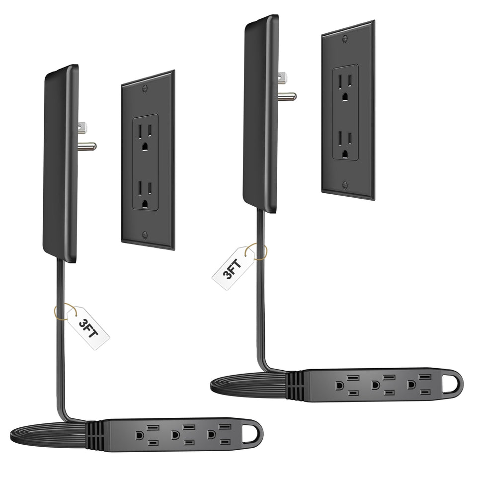 CABOCASA 3ft flat plug extension cord with three outlets, ideal for tidy desks.