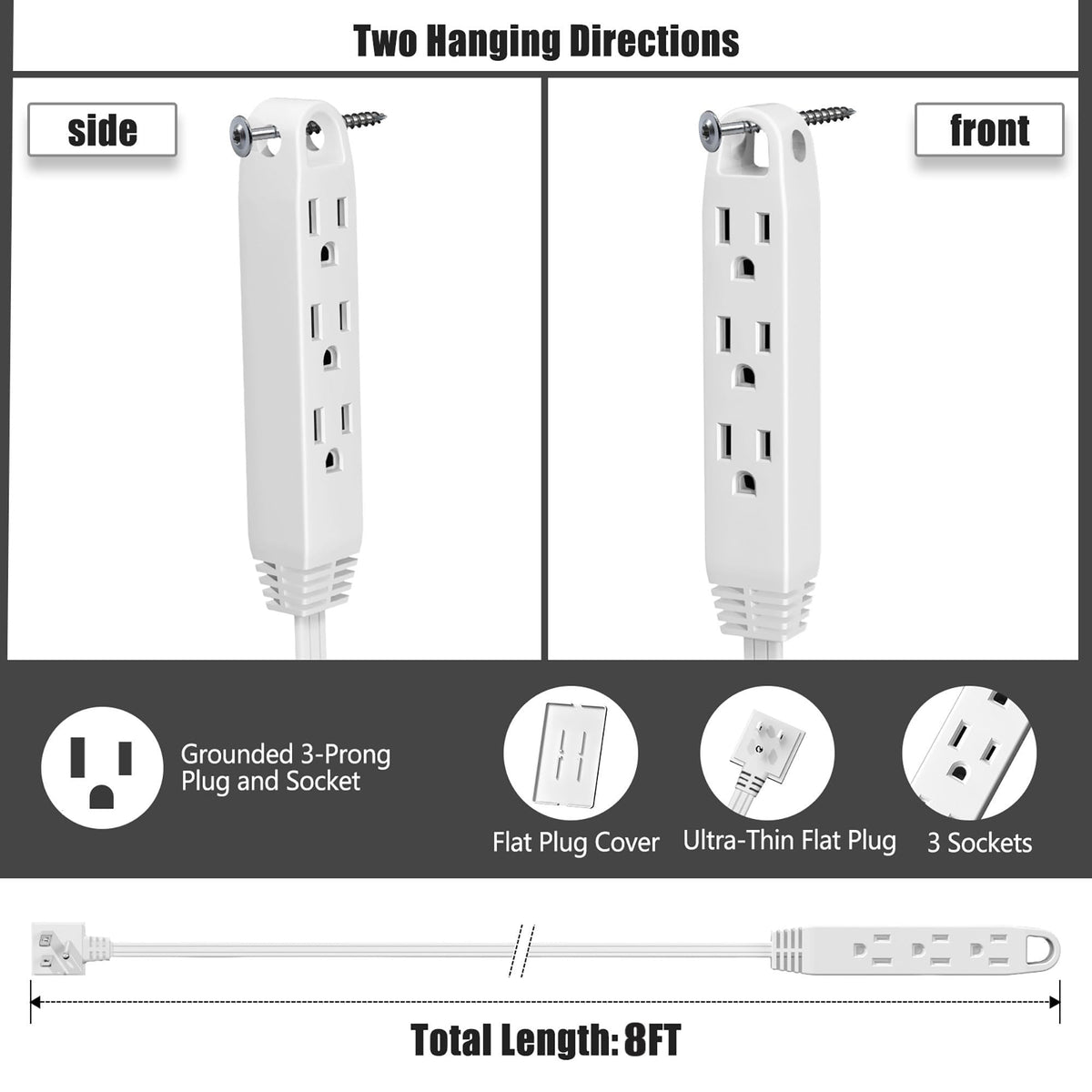 CABOCASA ultra-flat plug side profile close-up, saves space behind furniture