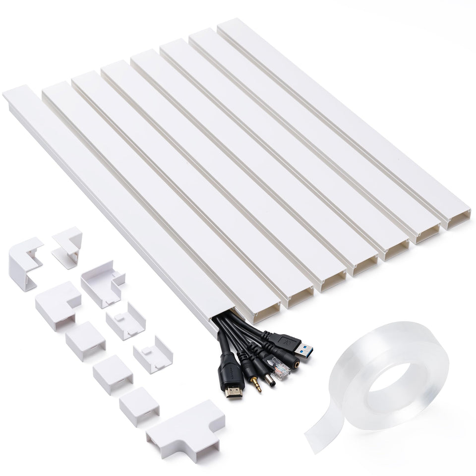 CADONO 126in cord hider kit contents laid out for easy wall cable concealment.