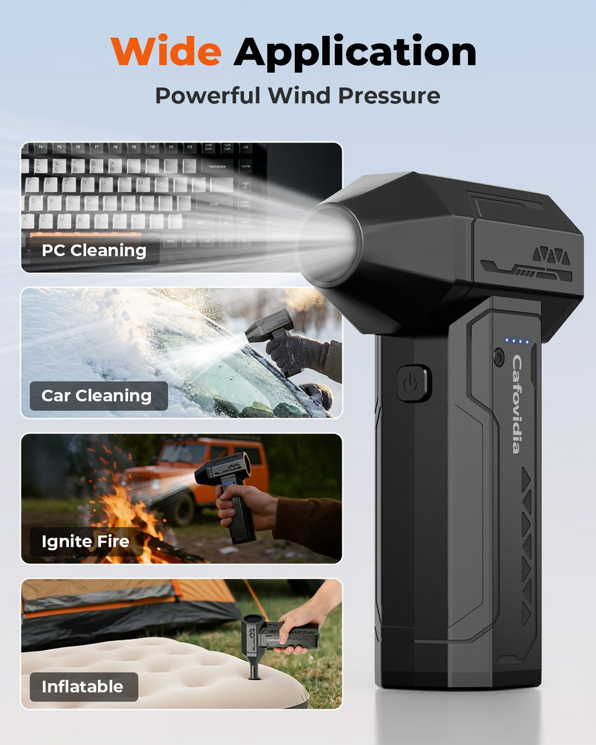 Cafovidia electric air duster LED light aids precision cleaning.