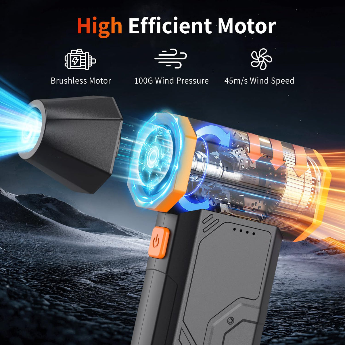 CAGIWIRU duster showing 110000RPM brushless motor for strong airflow.