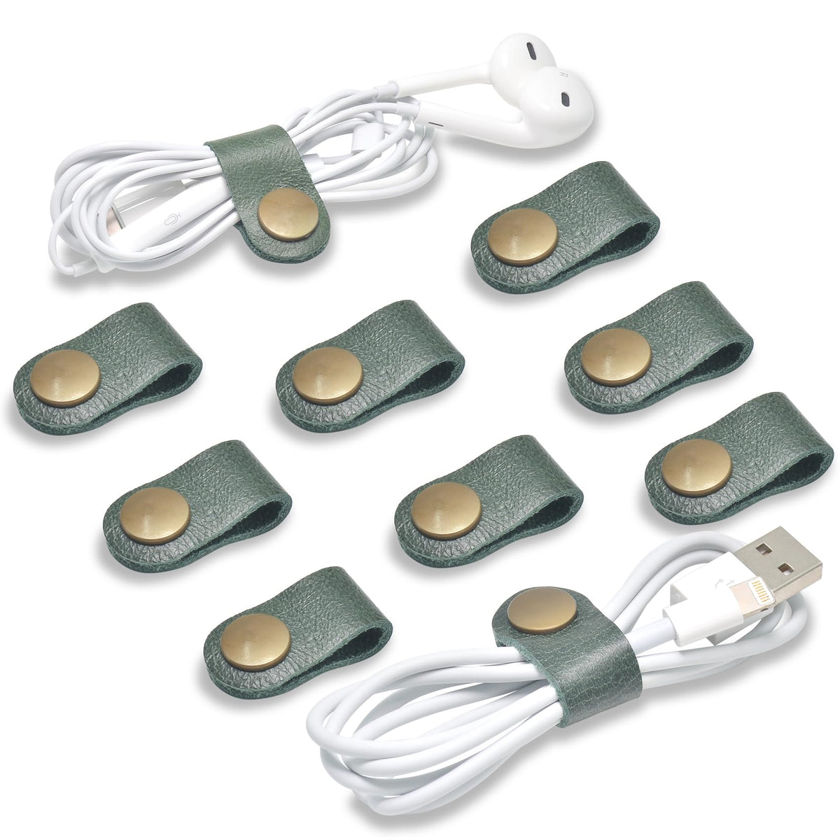 CAILLU Cord Organizer in dark green, closeup showing durable leather for tangle-free setup.