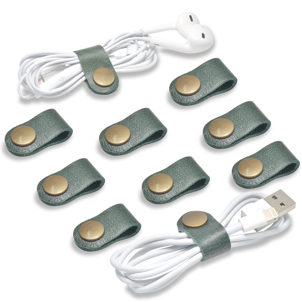 CAILLU Cord Organizer in dark green, closeup showing durable leather for tangle-free setup.
