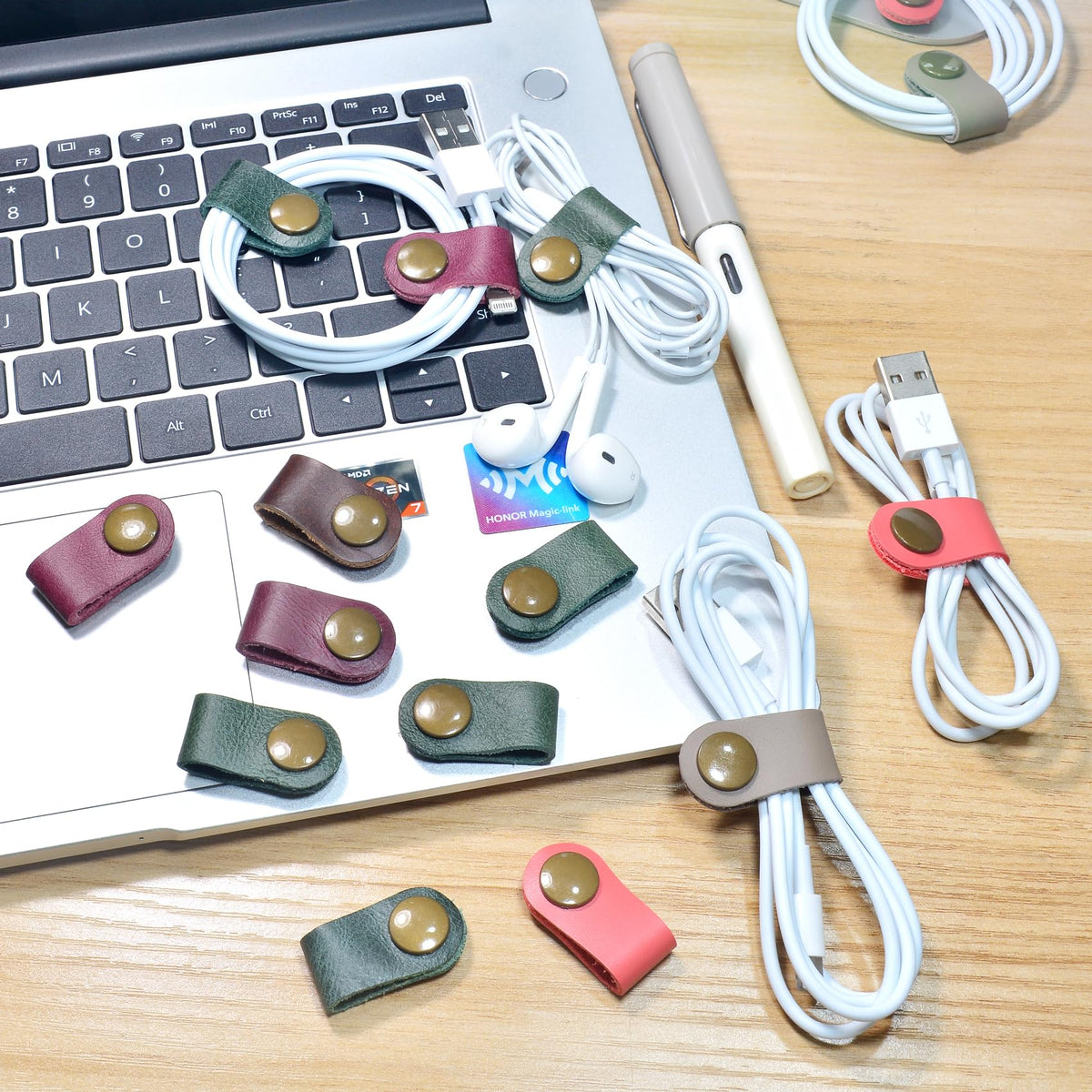 CAILLU Leather cable keeper, compact pocket-friendly design for on-the-go cable organization.