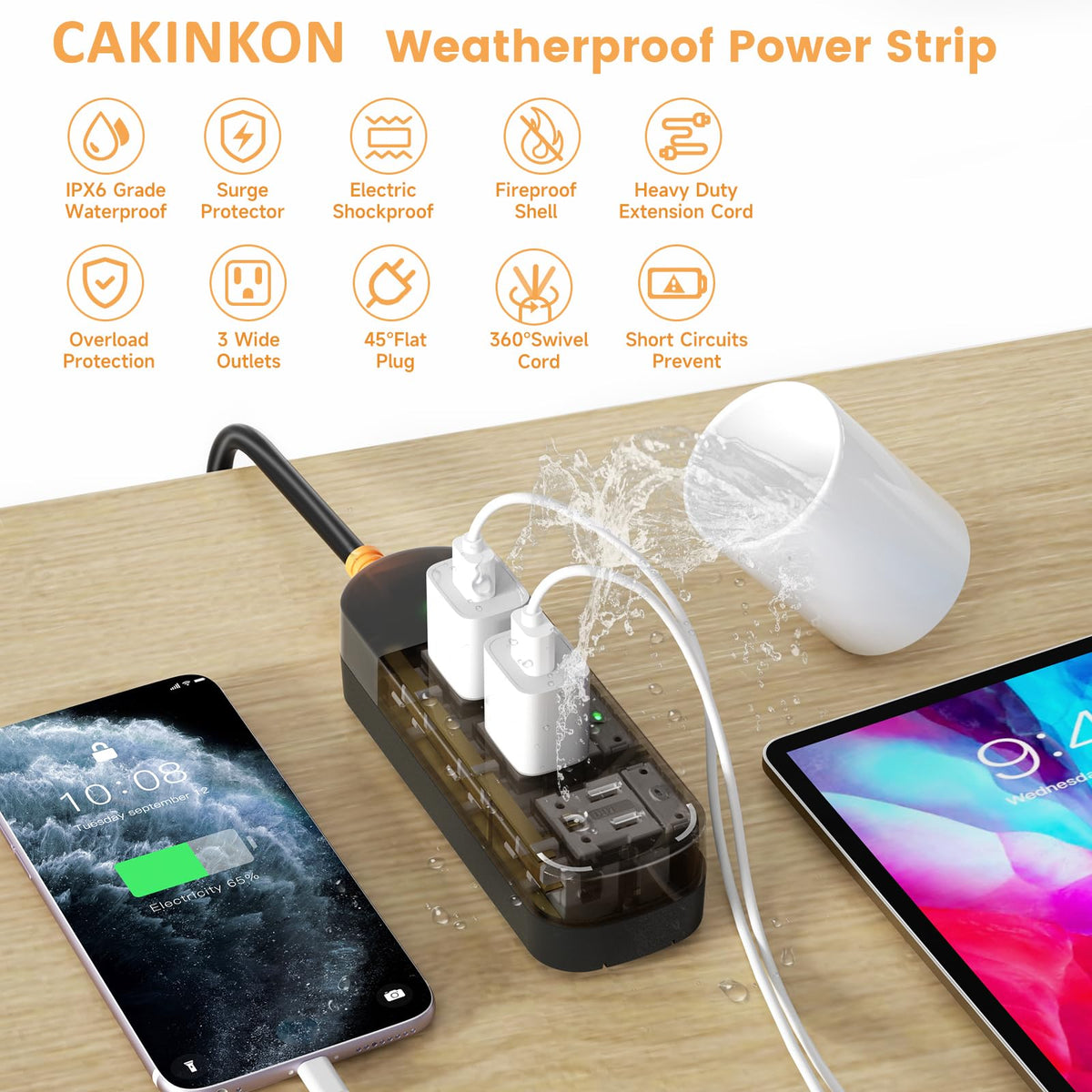 CAKINKON 45-degree plug detail showing space-saving design and easier wall outlet access