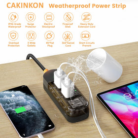 CAKINKON 45-degree plug detail showing space-saving design and easier wall outlet access