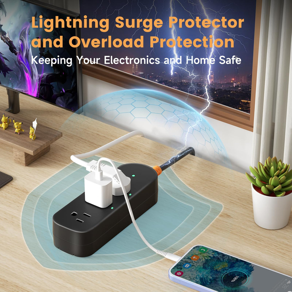 CAKINKON 45-degree plug and 10 ft cord arranged to show space-saving outlet compatibility