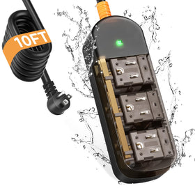 CAKINKON front view of weatherproof power strip showing three outlets and cover, durable outdoor benefit