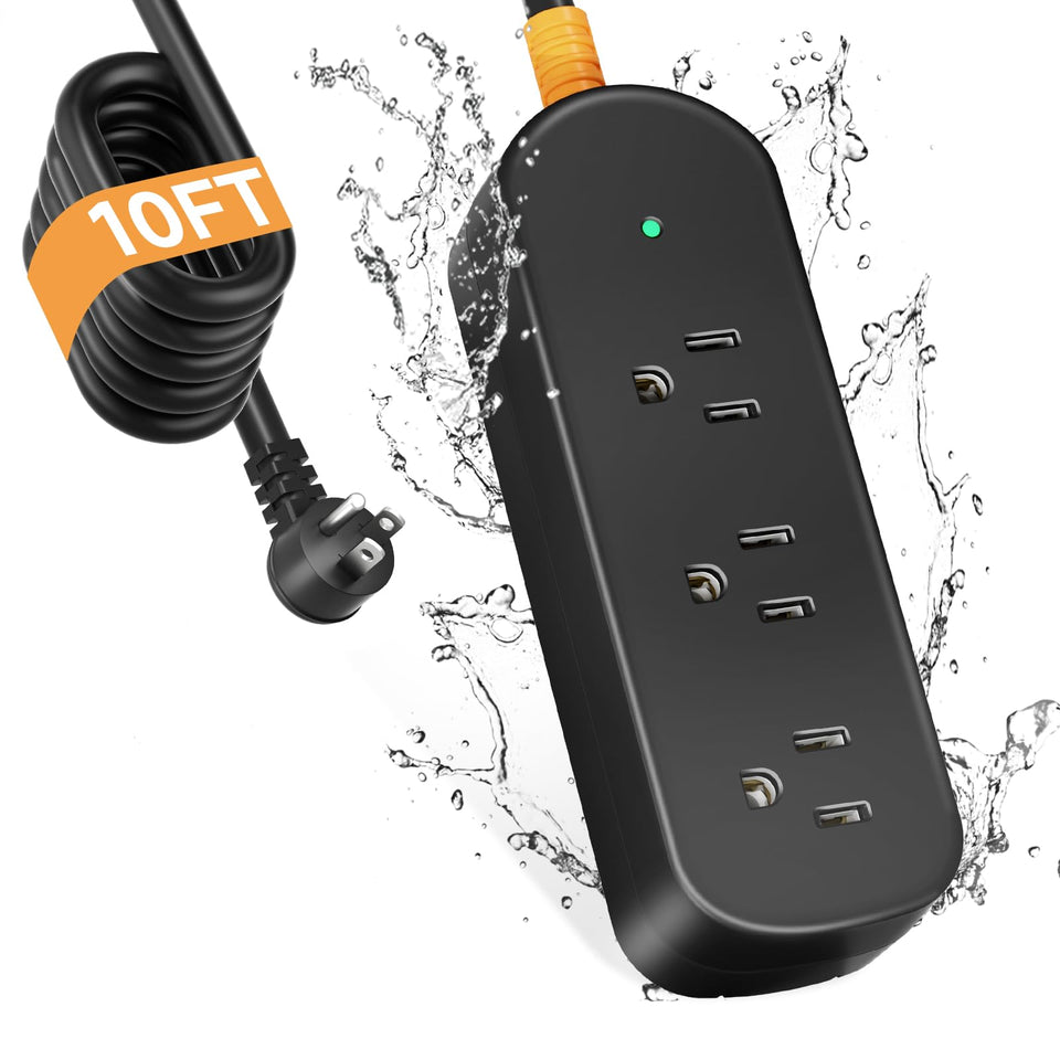 CAKINKON front view of weatherproof power strip showing three outlets and cover for safe outdoor use