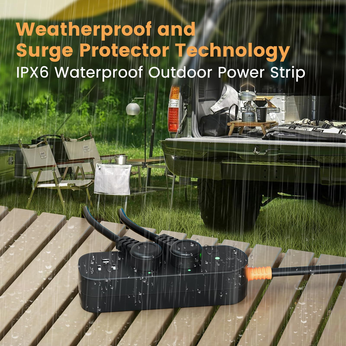 CAKINKON weatherproof power strip showing IPX6 protection for rain-ready use.