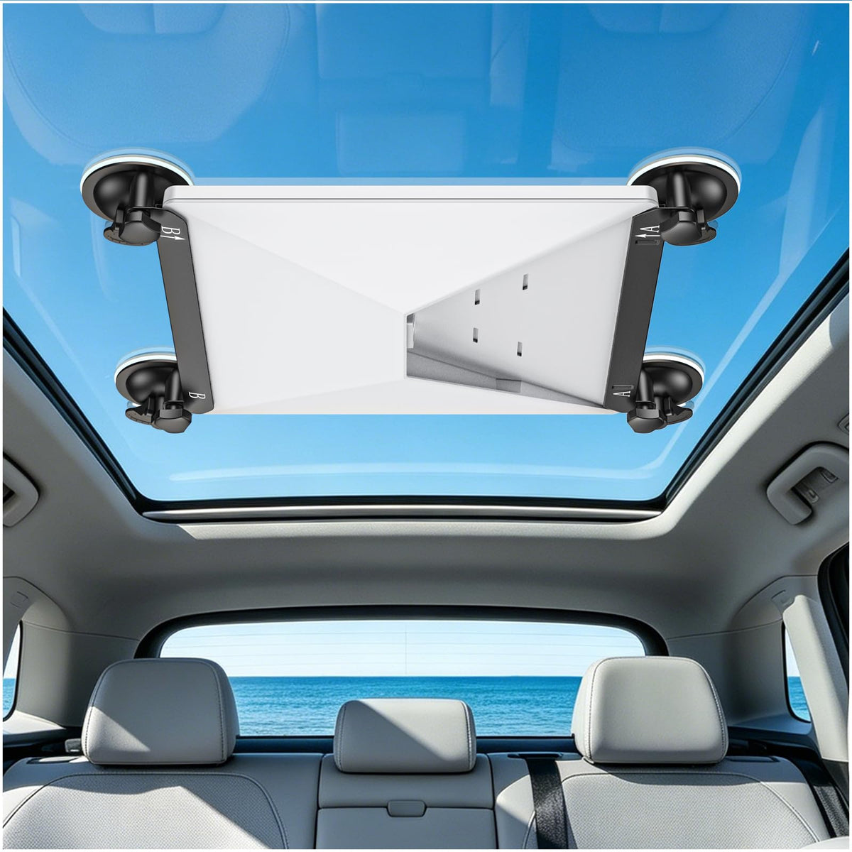 Calanthe Starlink Mini suction cup mount on car window delivering stable satellite reception while driving.