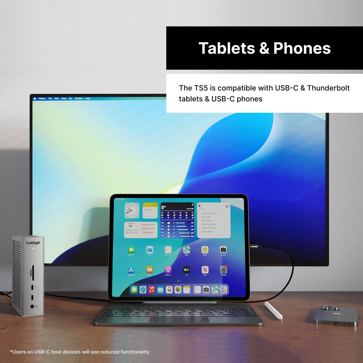 Caldigit TS5 on-desk setup shows a tidy, cable-managed workspace with a braided 1m cable.