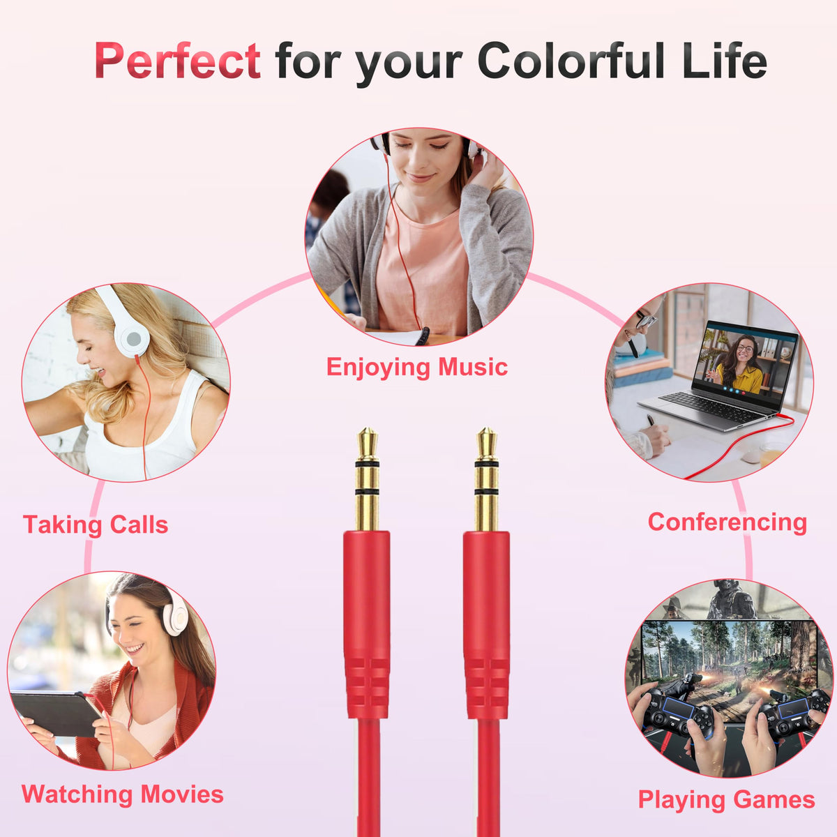 Compatibility guide graphic for Callez cable with multiple 3.5mm headsets.