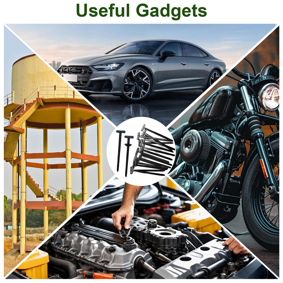 CALORPET versatile zip ties for car repairs, home organization, gardening, and tool bundling.