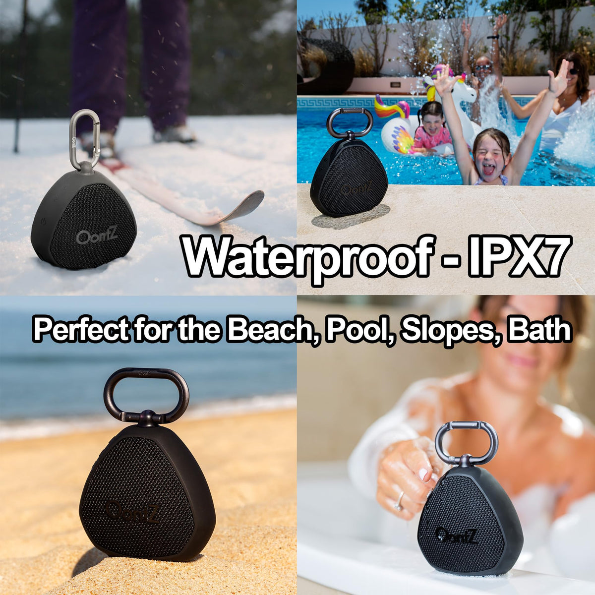 Cambridge SoundWorks OontZ Angle Clip by the pool, IPX7 waterproof.