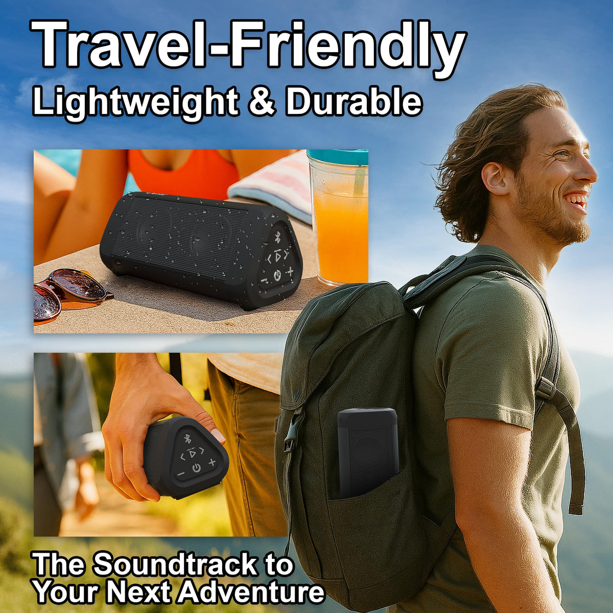Cambridge Soundworks OontZ Angle 3 Ultra poolside image showing IPX7 waterproof protection for outdoor use