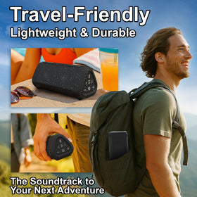 Cambridge Soundworks OontZ Angle 3 Ultra poolside image showing IPX7 waterproof protection for outdoor use