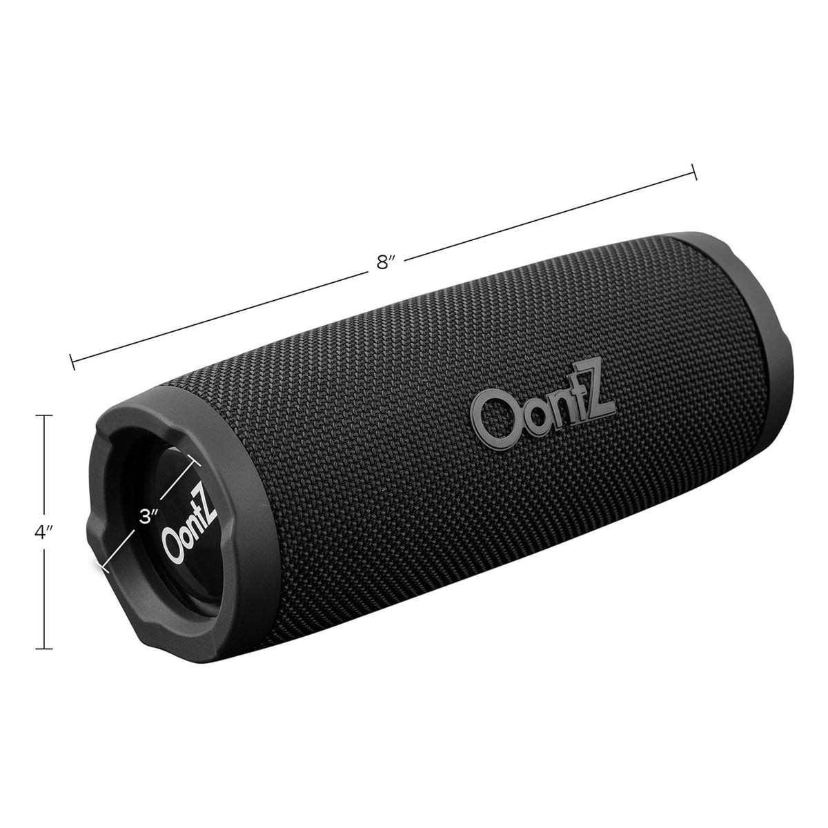 Cambridge Soundworks OontZ next to water bottle for scale, compact travel benefit